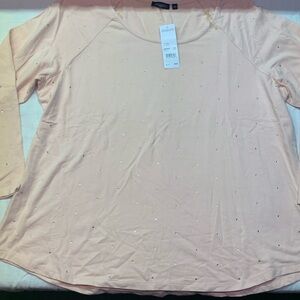 NWT Notations 3X Pale Pink Long Sleeve Tee Shirt w/ Rhinestones